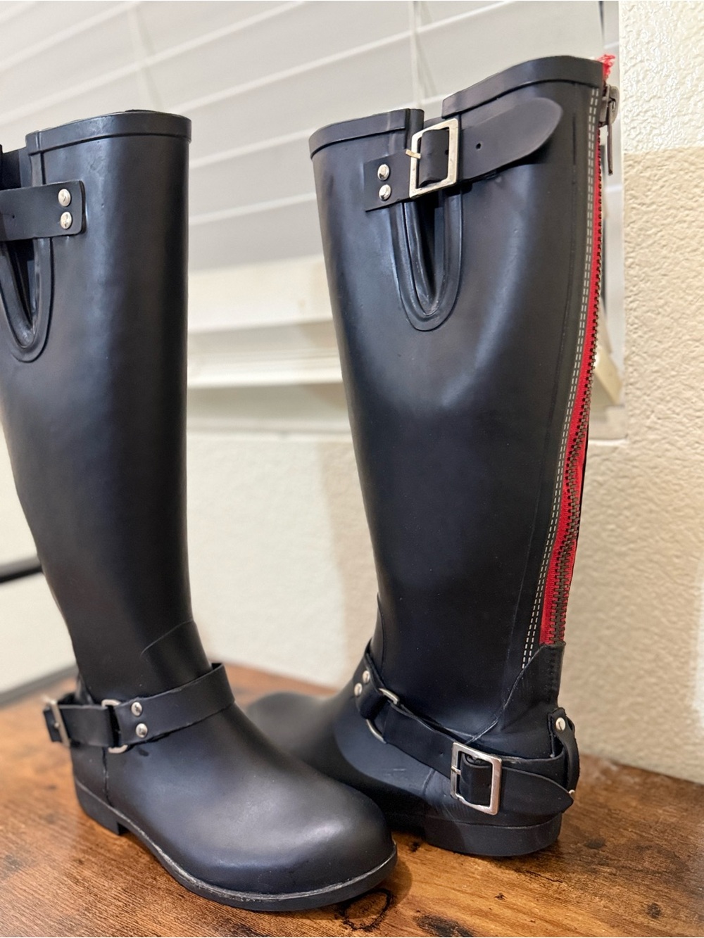Steve Madden Women's Black Tall Rain Boots with Red Back Zipper